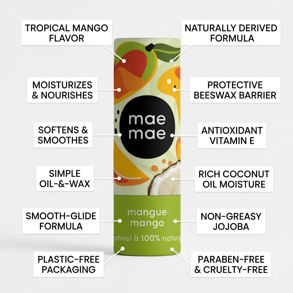 A cylindrical hair oil bottle labeled 'mae mae' with fruit illustrations and callout text boxes describing benefits such as tropical mango flavor, moisturizes and nourishes, smooth-and-glide formula, and plastic-free packaging.