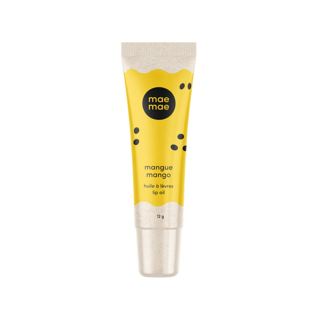 Yellow lip oil tube with 'mae mae' branding on a white background