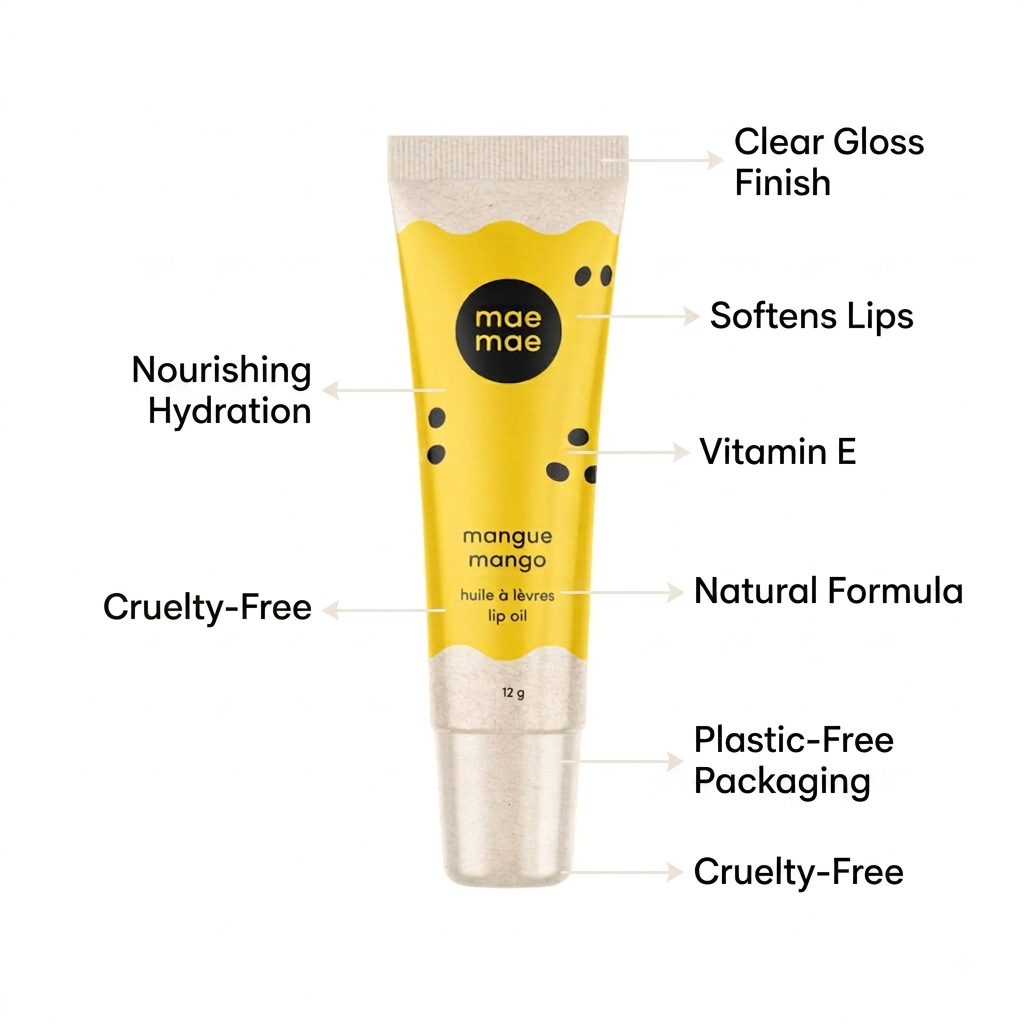 A 12g squeeze tube of Mae Mae Mangue Mango Lip Oil on a white background, surrounded by black callout lines and text describing its benefits: Clear Gloss Finish, Softens Lips, Nourishing Hydration, Vitamin E, Natural Formula, and Plastic-Free Packaging.