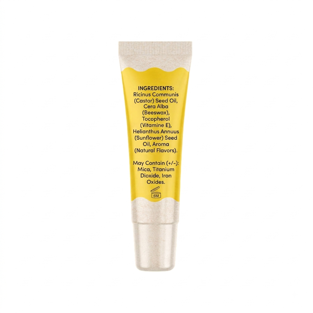 Yellow lip oil tube with 'mae mae' branding on a white background
