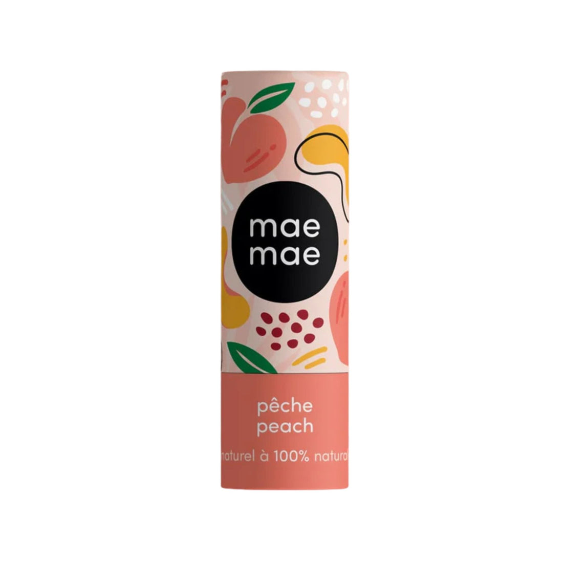 Lip balm packaging with 'mae mae' branding and peach flavor text on a white background