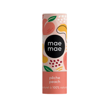 Lip balm packaging with 'mae mae' branding and peach flavor text on a white background