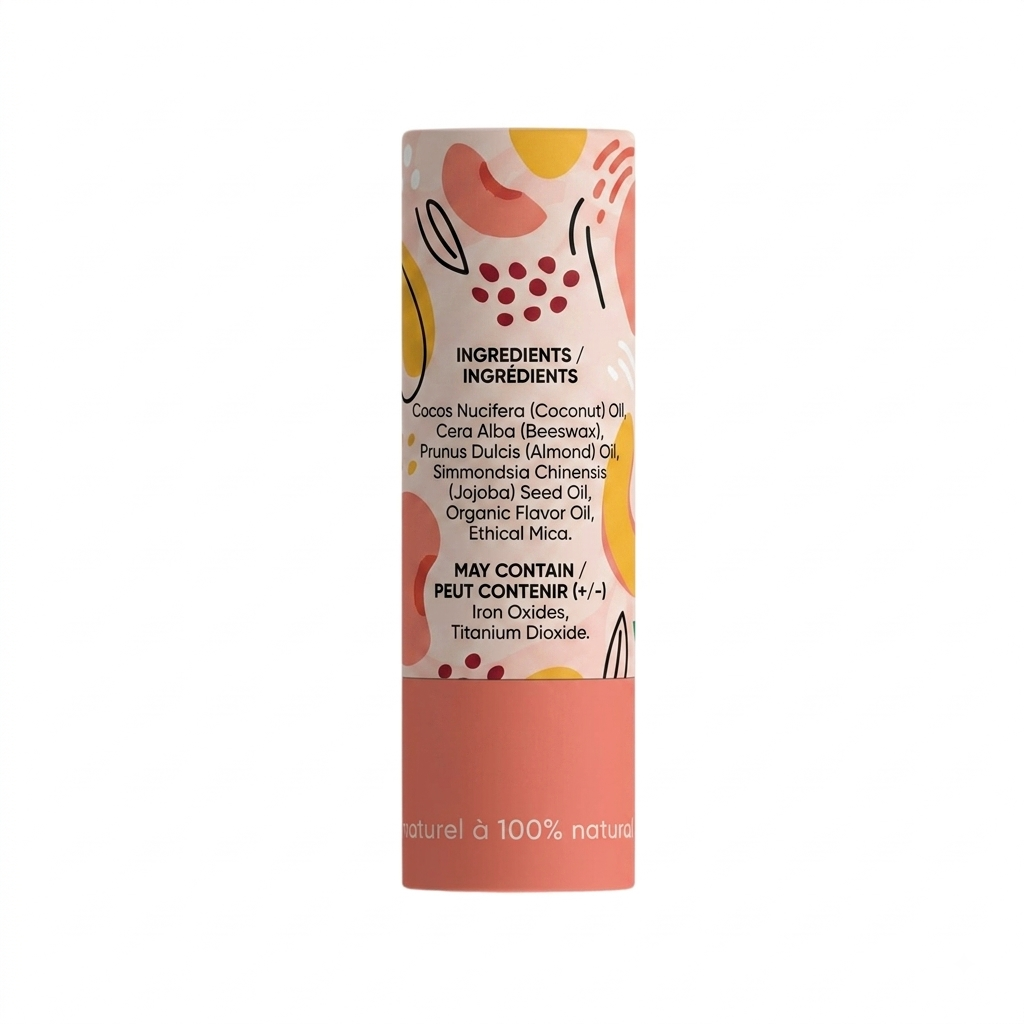 Lip balm packaging with 'mae mae' branding and peach flavor text on a white background