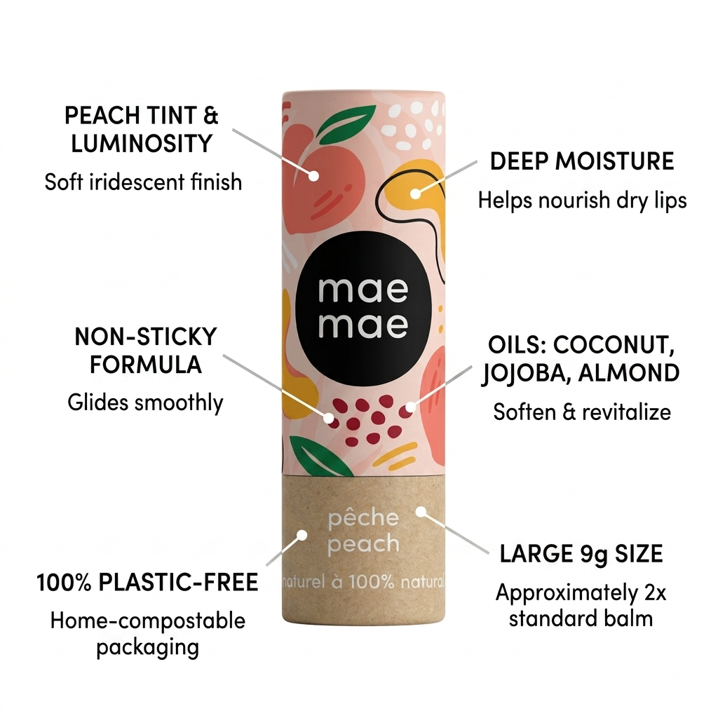 A lip balm tube labeled 'mae mae' with illustrated peach and yellow graphics, surrounded by callout text describing features such as peach tint and luminosity, deep moisture, non-sticky formula, oils, and large 9g size on a white background.