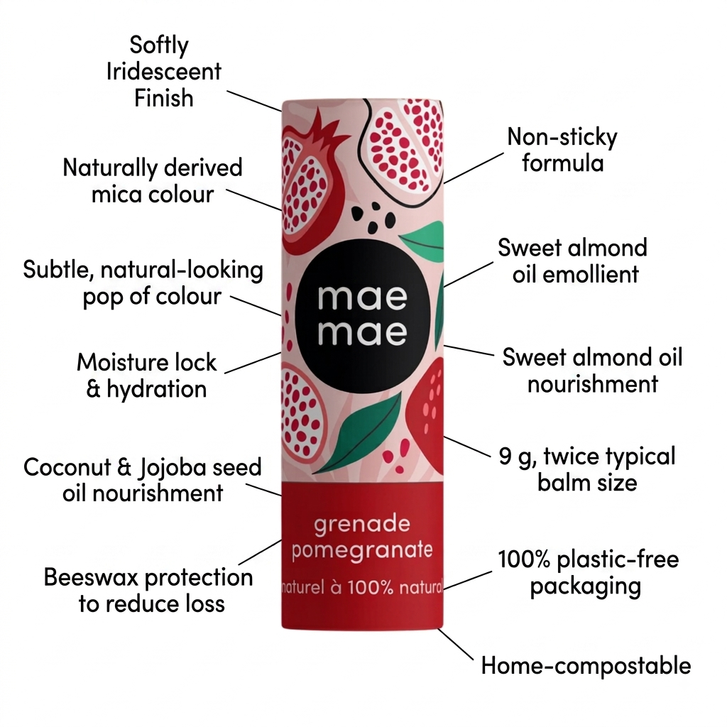 A cosmetic balm tube labeled 'mae mae' with illustrated pomegranate graphics and text callouts around it on a white background. The product is shown with descriptive marketing text pointing to features like iridescent finish, non-sticky formula, and home-compostable packaging.