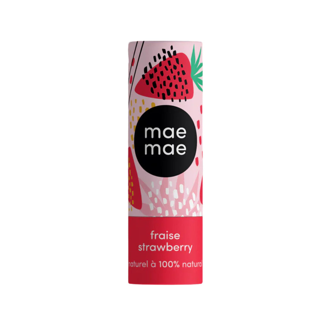 Lip balm container with strawberry design and 'mae mae' branding on a white background