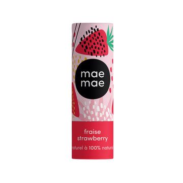 Lip balm container with strawberry design and 'mae mae' branding on a white background