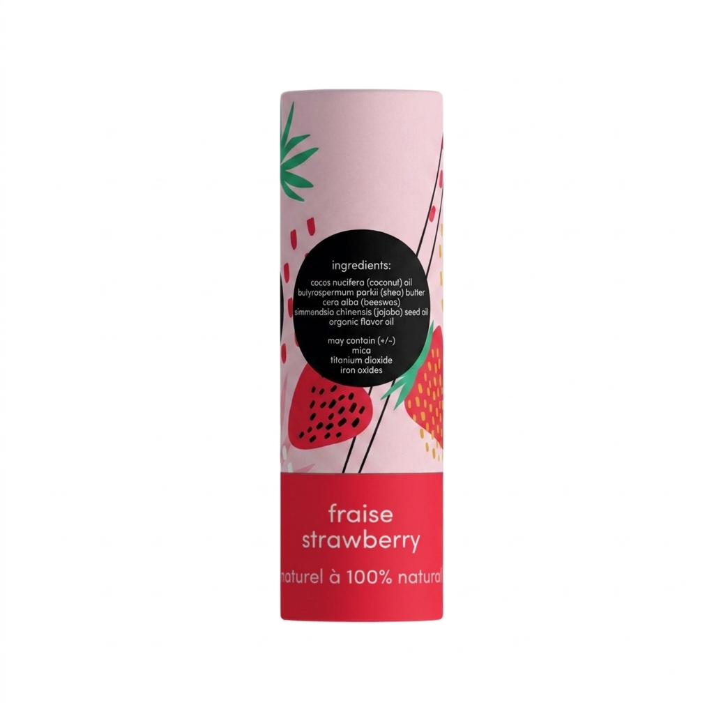 Lip balm container with strawberry design and 'mae mae' branding on a white background
