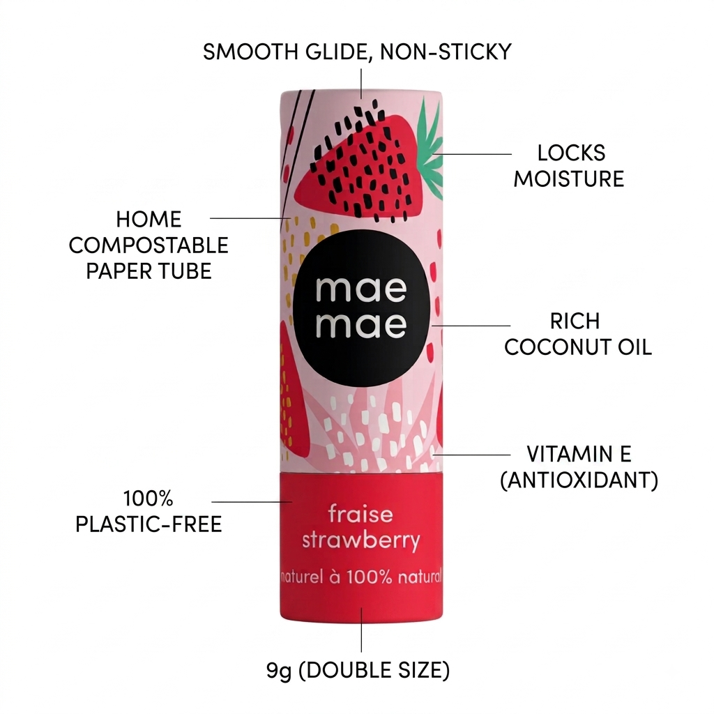 A product infographic showing a Ma Mae compostable paper tube of fraise strawberry lip balm with text callouts highlighting its features on a white background.