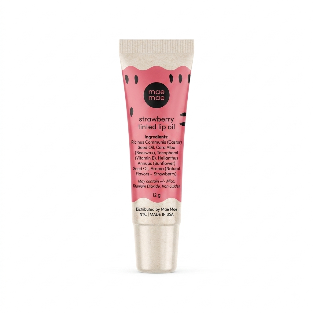 Lip balm tube with pink label and 'mae mae' branding on a white background