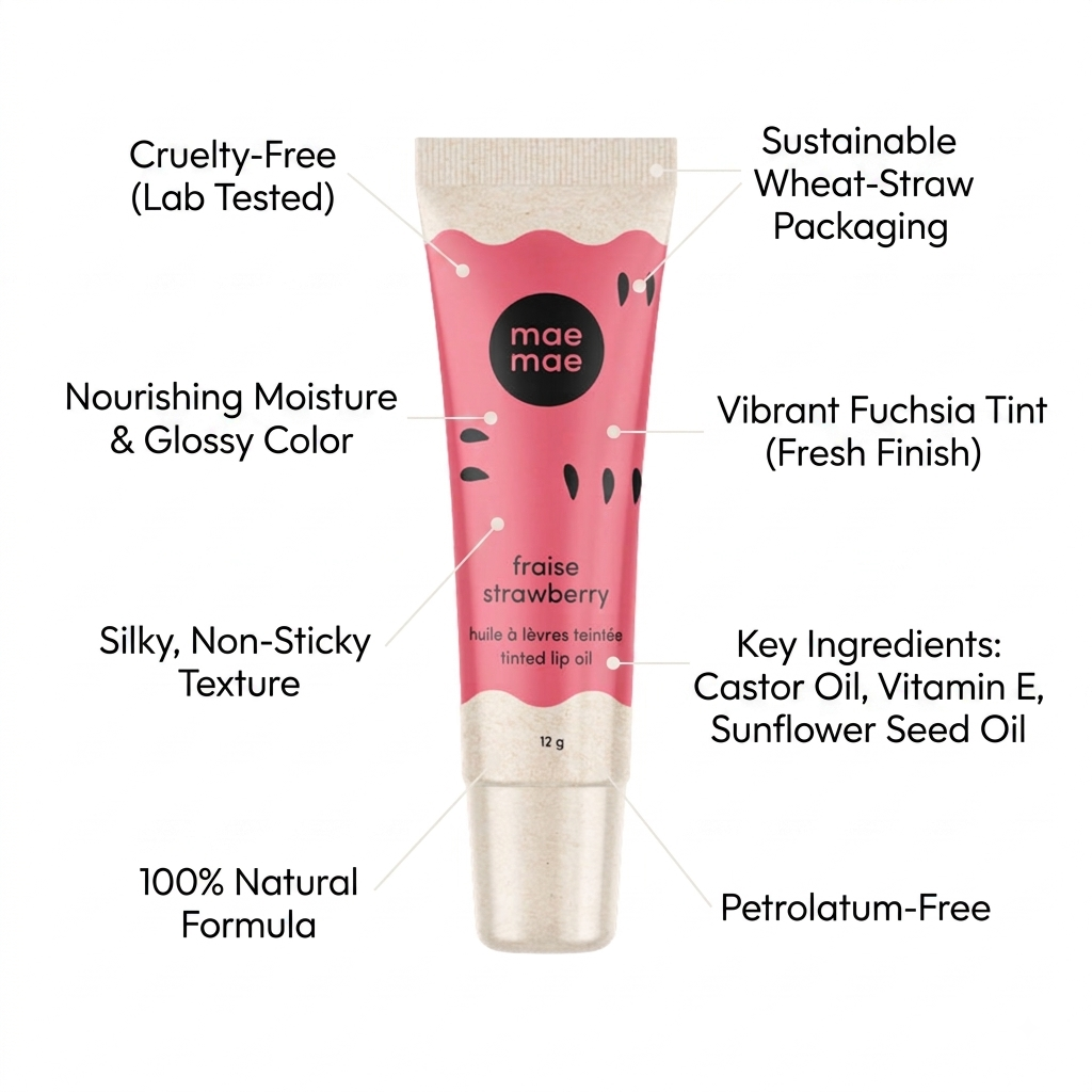 A tube of Maa Mae fraise strawberry tinted lip oil centered on a white background, surrounded by black callout text labels highlighting product features and ingredients.