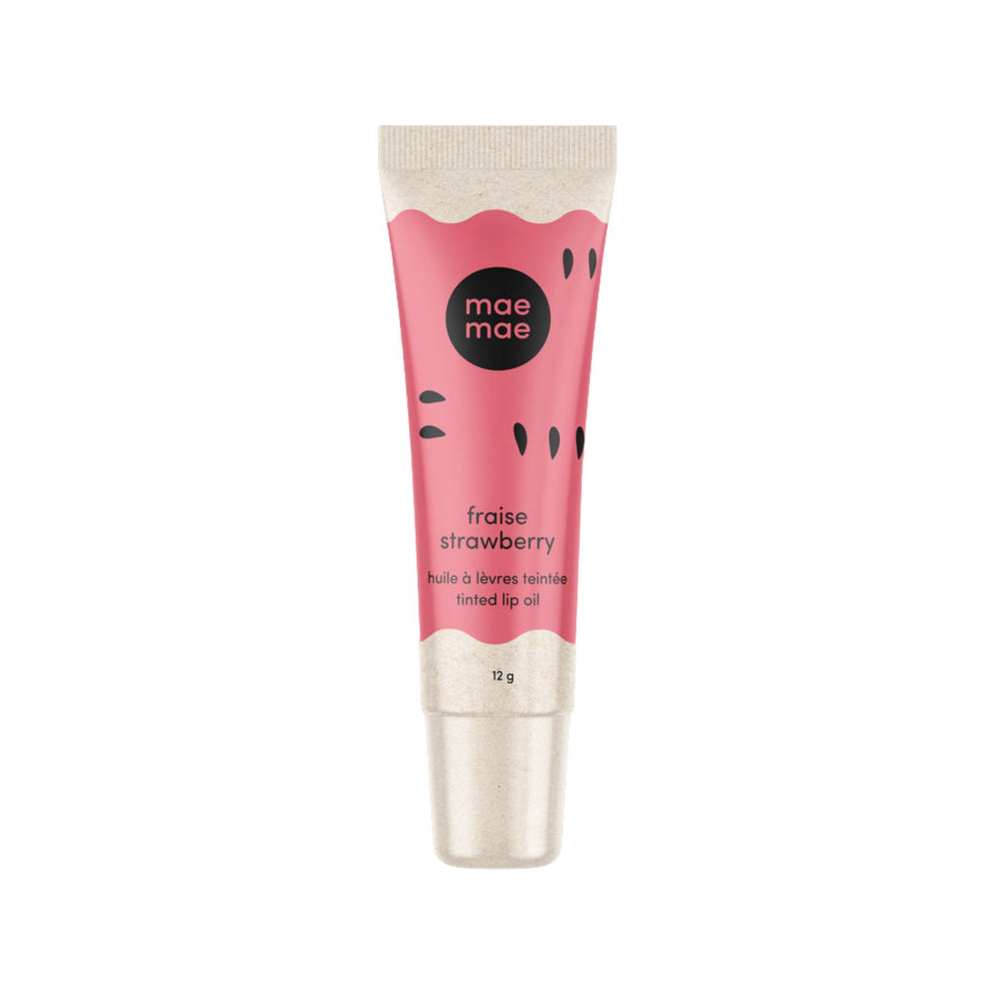 Lip balm tube with pink label and 'mae mae' branding on a white background