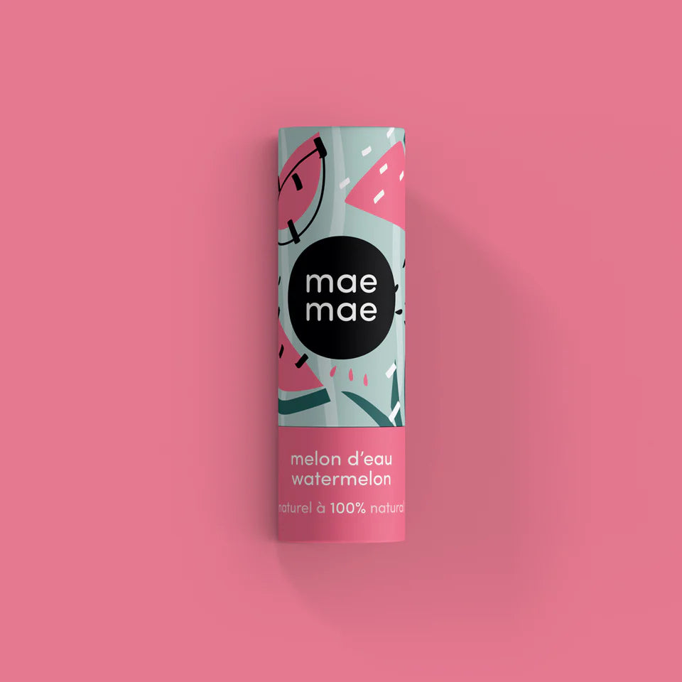 Product packaging with 'mae mae' branding and watermelon design on a white background