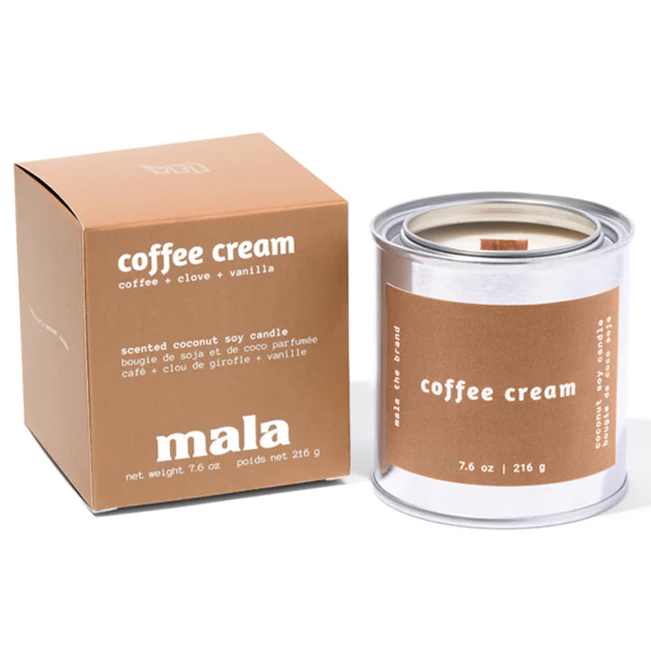 Mala coffee cream candle with packaging on a white background