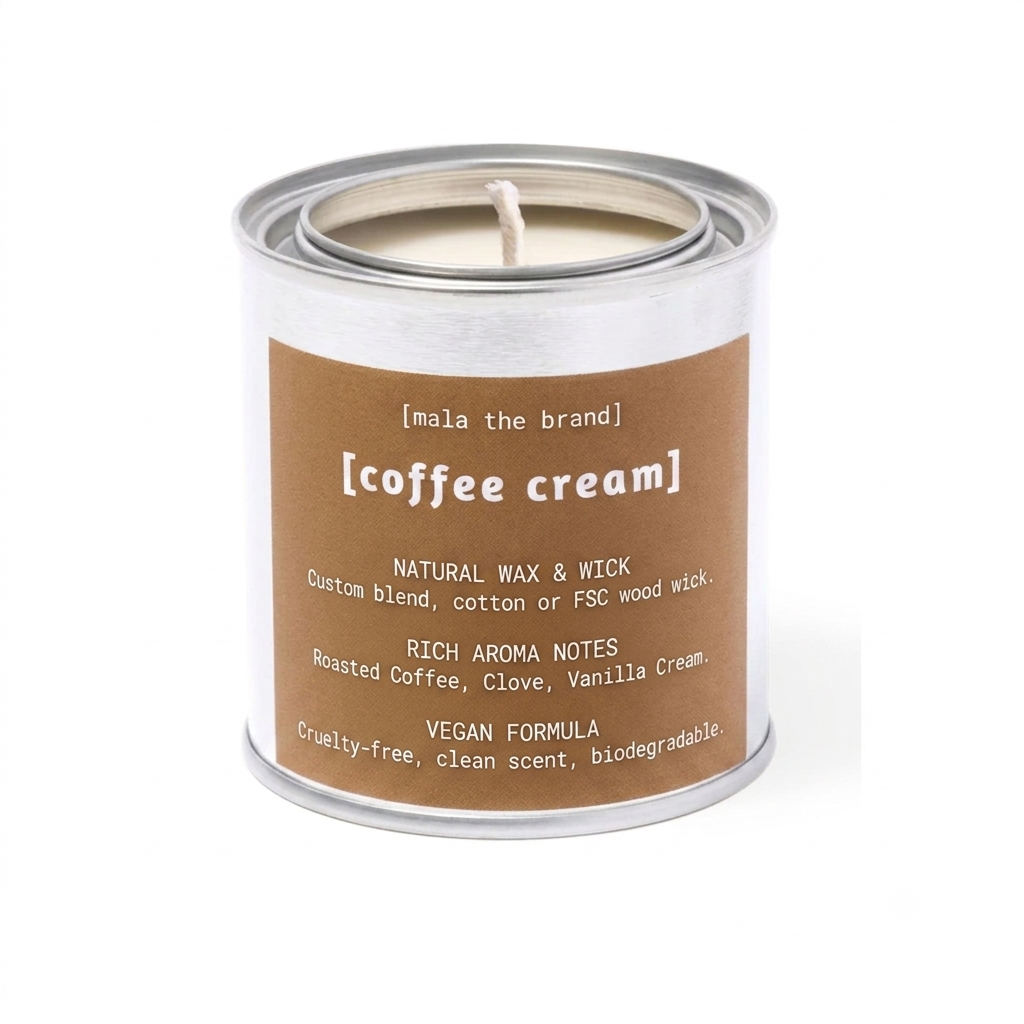 Candle in a can labeled 'coffee cream' on a white background