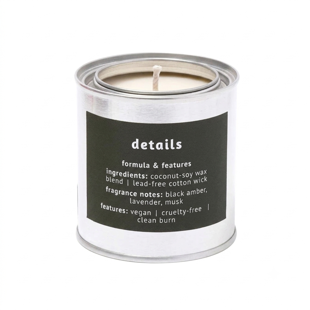 Candle in a metal canister labeled 'fireside' on a white background