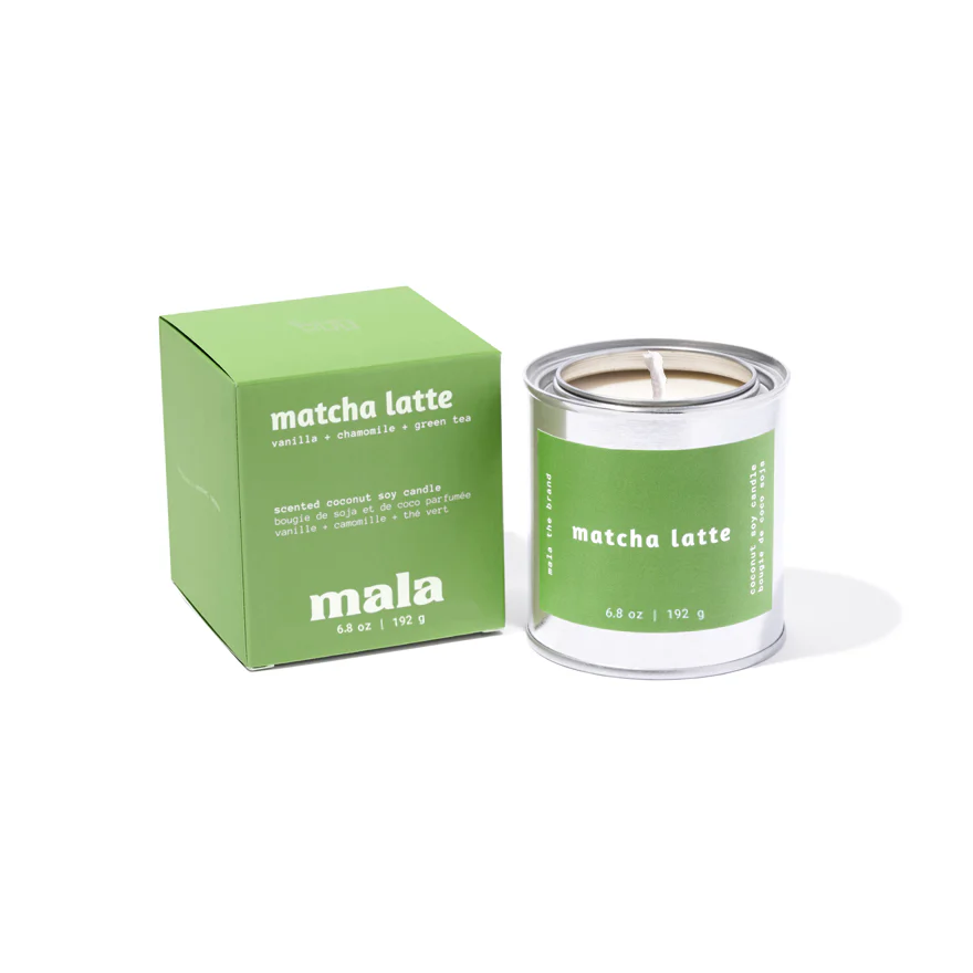 Mala Matcha Latte candle and packaging on a white background