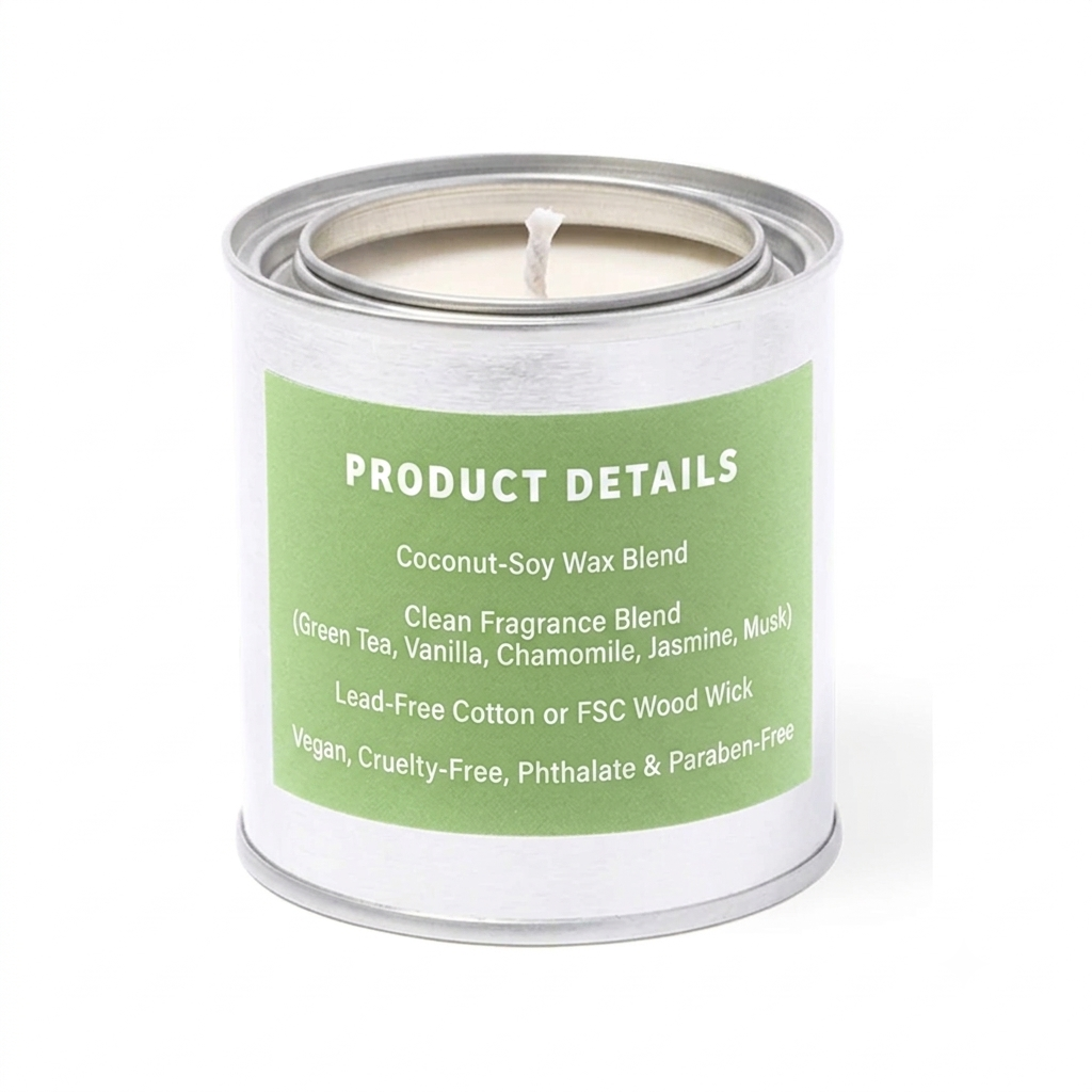 A silver metal tin candle with a white wax fill and a light green label that reads 'PRODUCT DETAILS' and 'Coconut-Soy Wax Blend' on a white background.