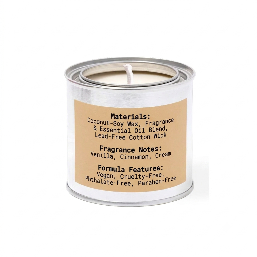 Candle in a white container with a brown label reading 'milk & sugar' on a white background.