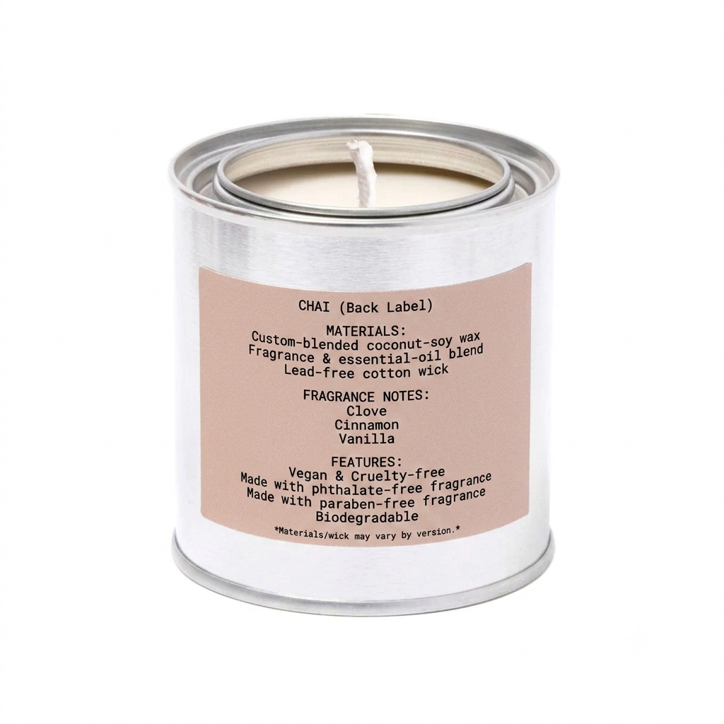 Candle in a metal can with 'chai' label on a white background