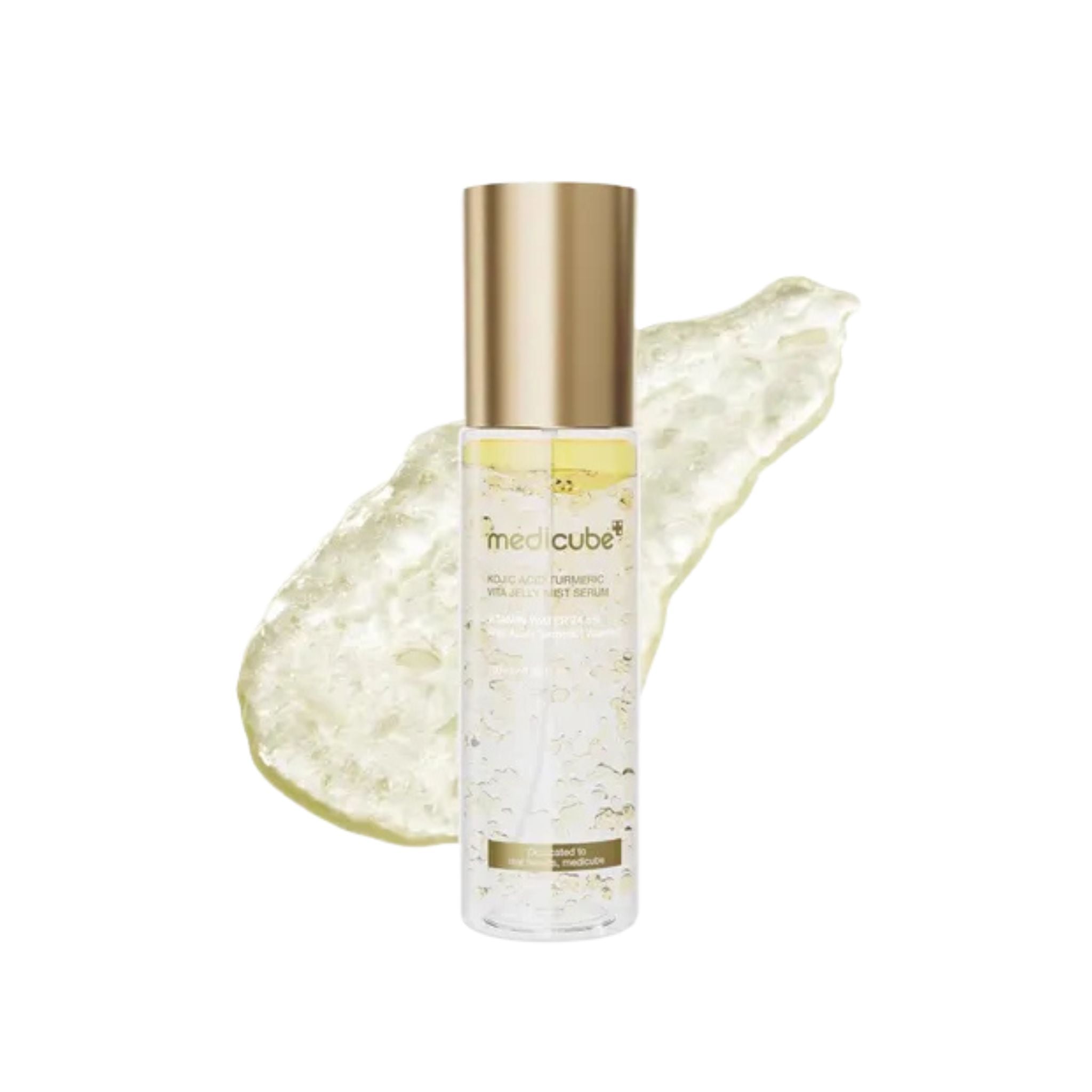 Medicube skincare product with gold cap and white body on a white background