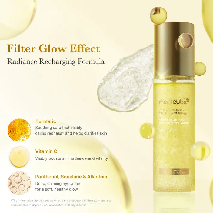 Skincare product with ingredients and benefits on a yellow background