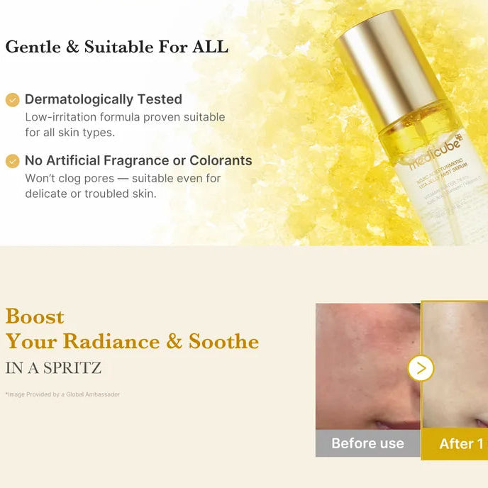 Skincare product with text highlighting its suitability for all skin types and benefits.