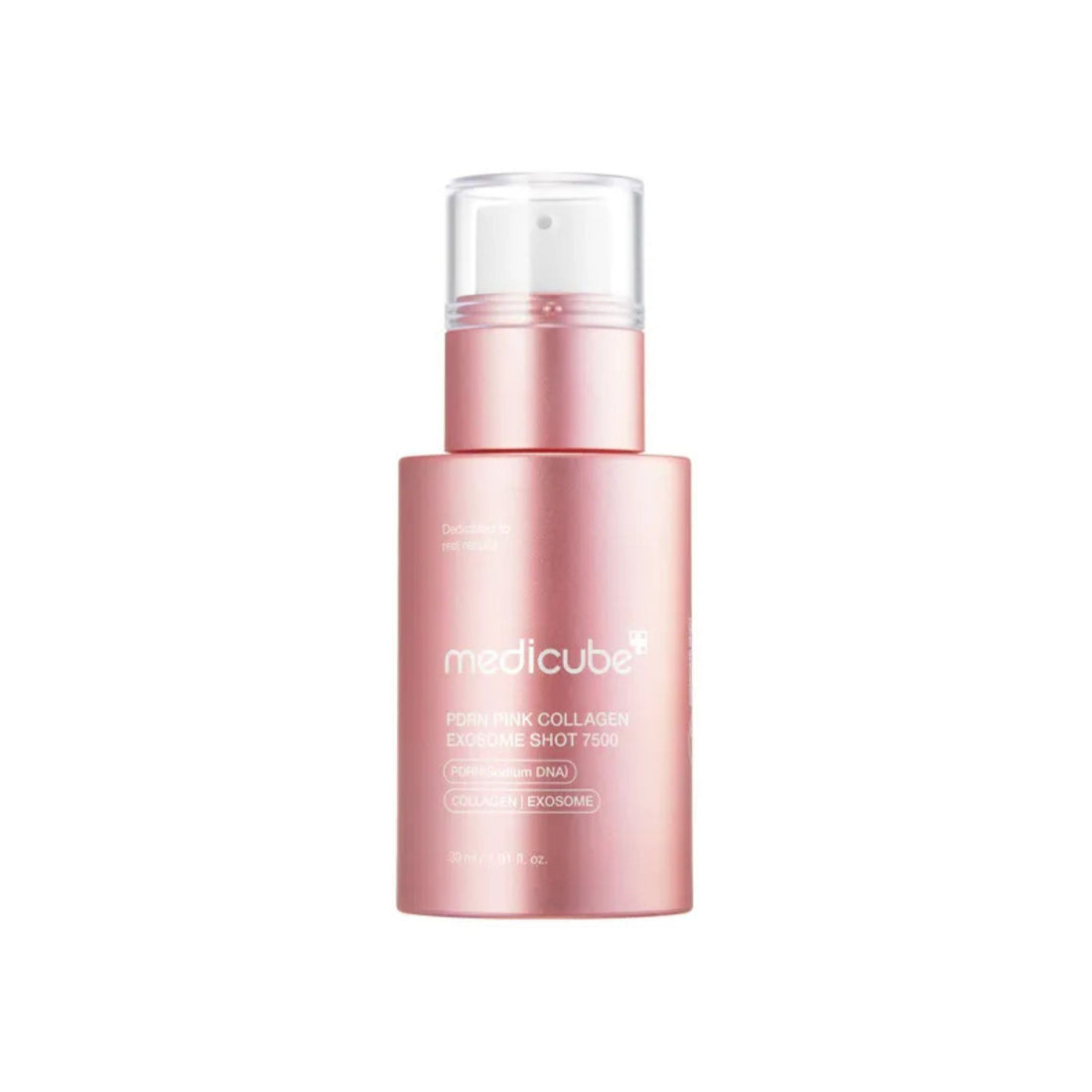 Pink skincare bottle with 'medicube' branding on a white background