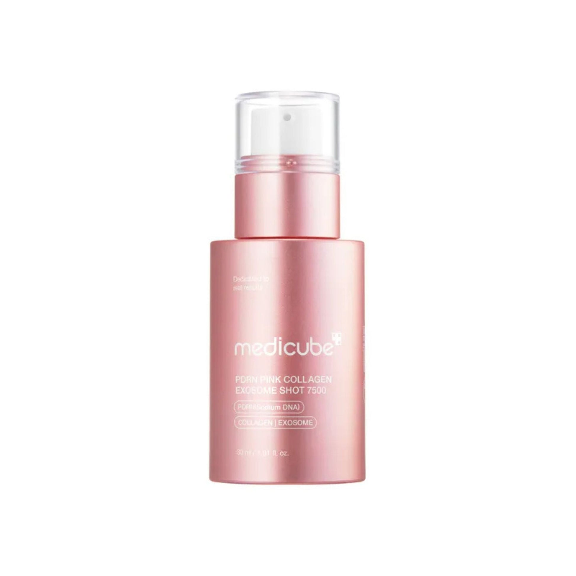 Pink skincare bottle with 'medicube' branding on a white background