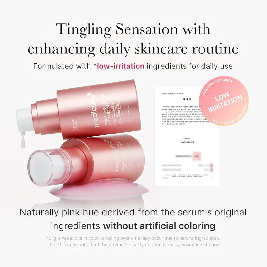 Two pink skincare bottles with text about a low-irritation skincare routine.