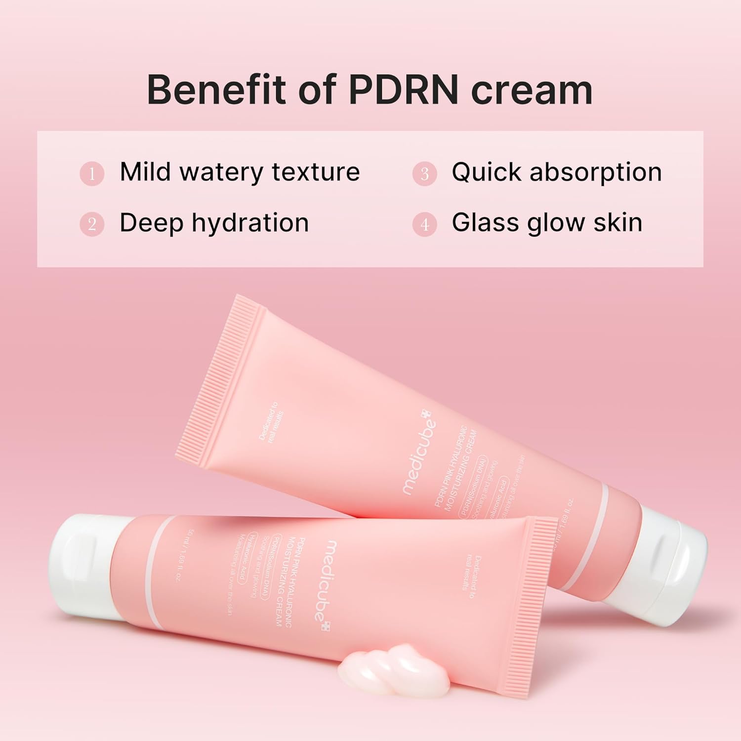 Two pink PDRN cream tubes with text listing benefits on a pink background