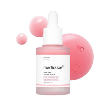 Pink skincare serum bottle with dropper on a white background