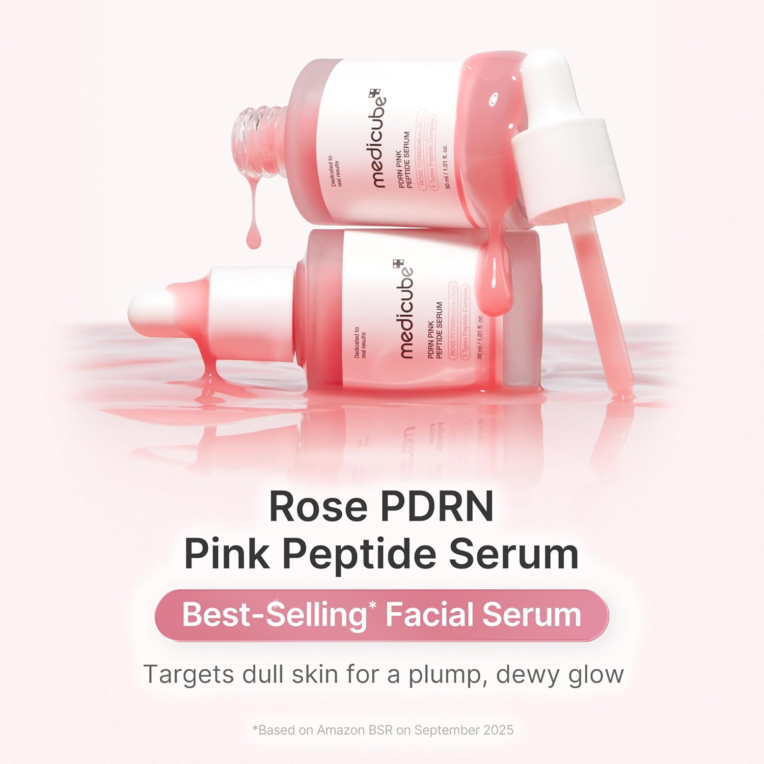 Rose PDRN Pink Peptide Serum with dropper on a white background
