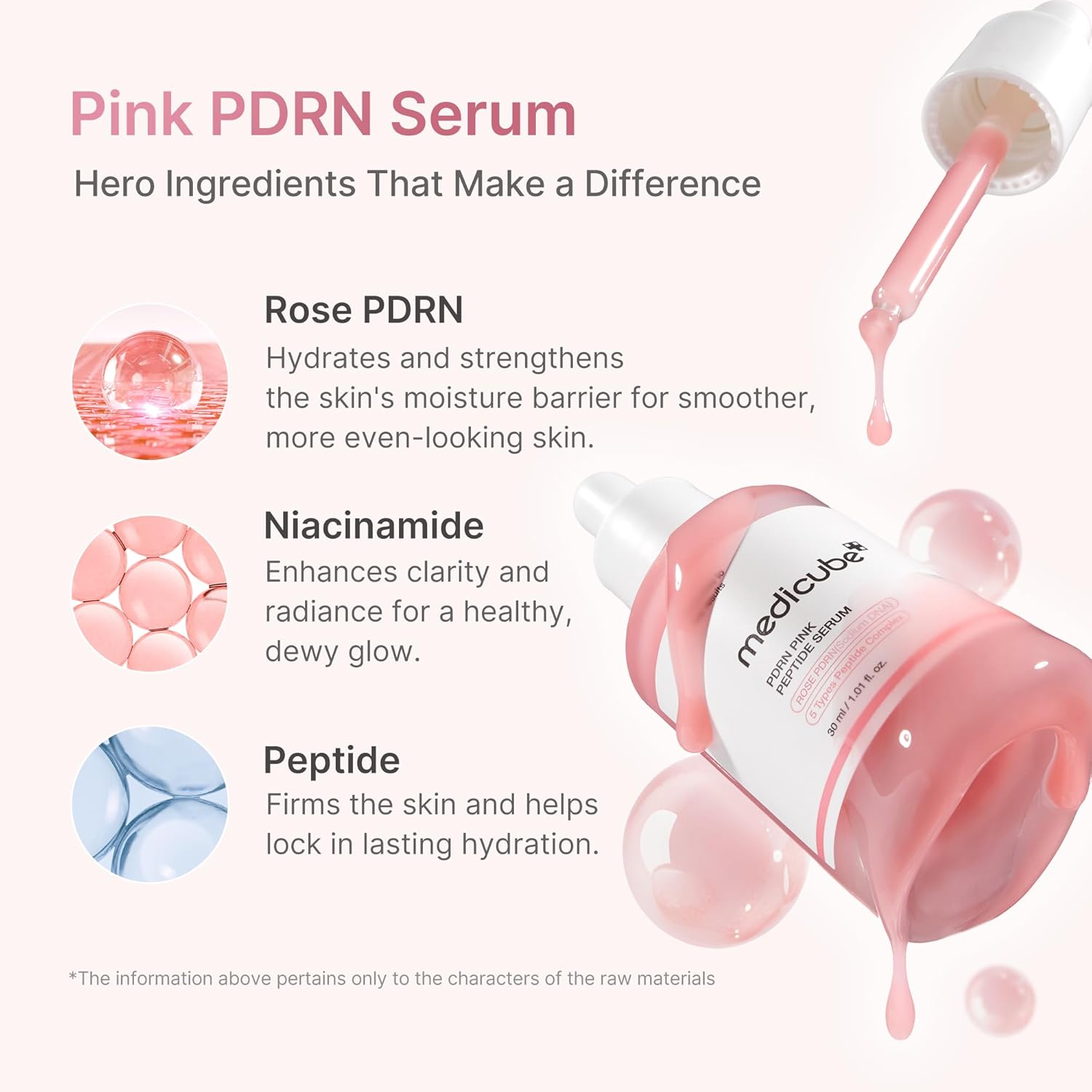 Pink PDRN Serum with ingredients listed on a white background