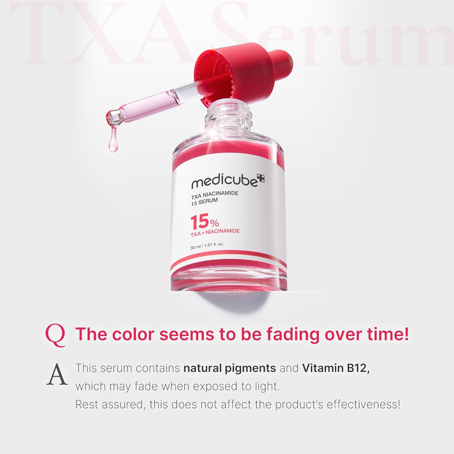 Medicube serum bottle with red cap and dropper on a light pink background