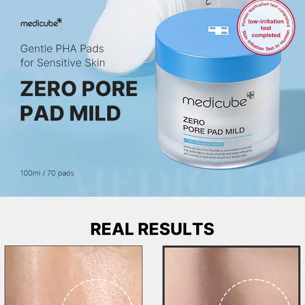 Medicube Zero Pore Pad Mild product with packaging and application results on a blue background