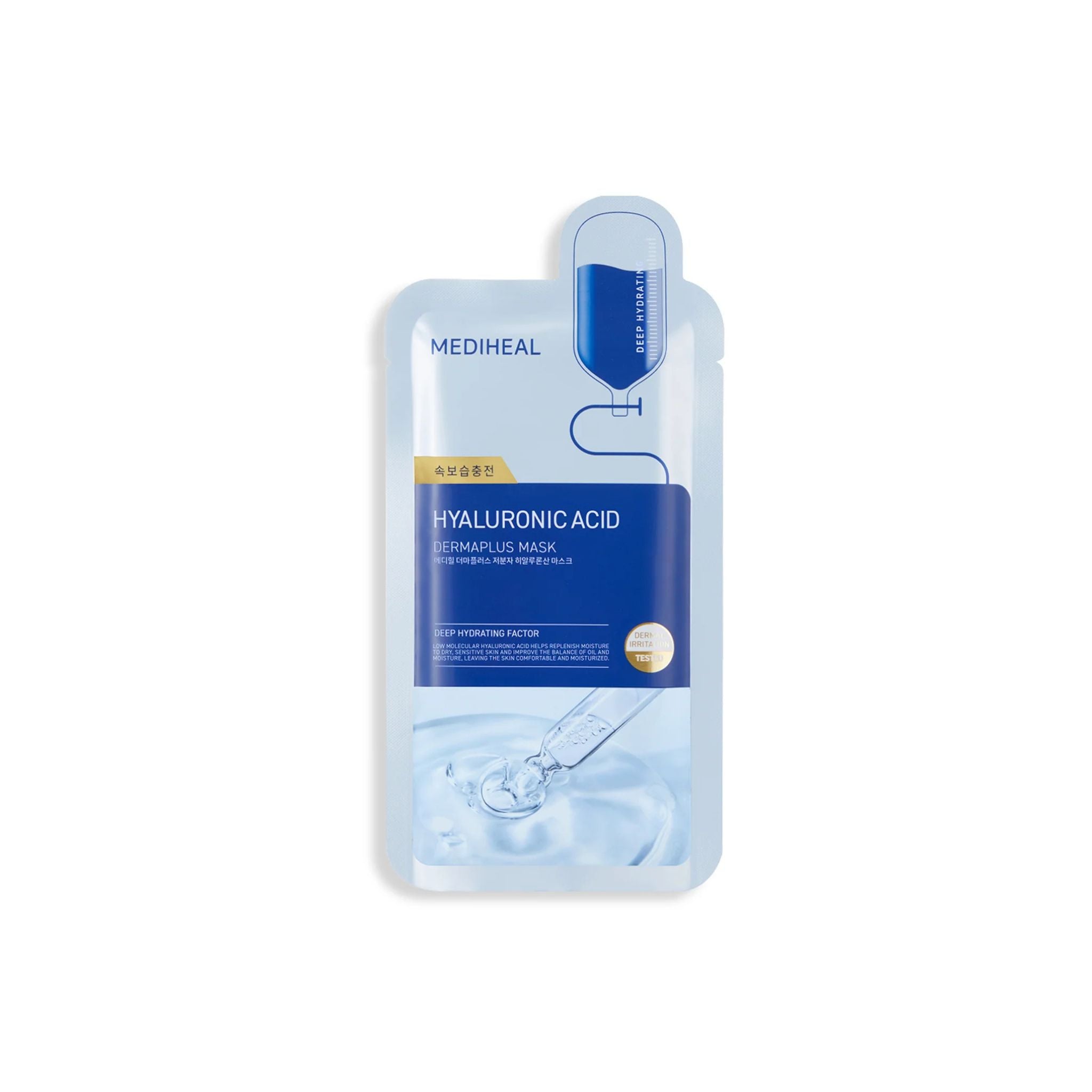 Mediheal Hyaluronic Acid Deep Hydration Mask in a light blue and white resealable pouch with a blue dropper graphic on a white background.