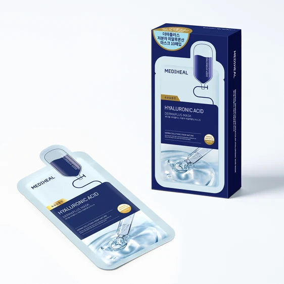 A Mediheal Hyaluronic Acid sheet mask pouch shown in front of its blue retail box on a clean white background.
