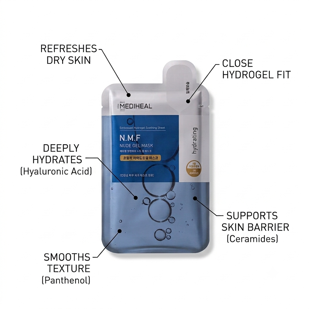 MEDIHEAL NMF Nude Gel Mask Sheet at The Pharmacy Lab showing hydrating benefits for dry skin, texture, and skin barrier support.