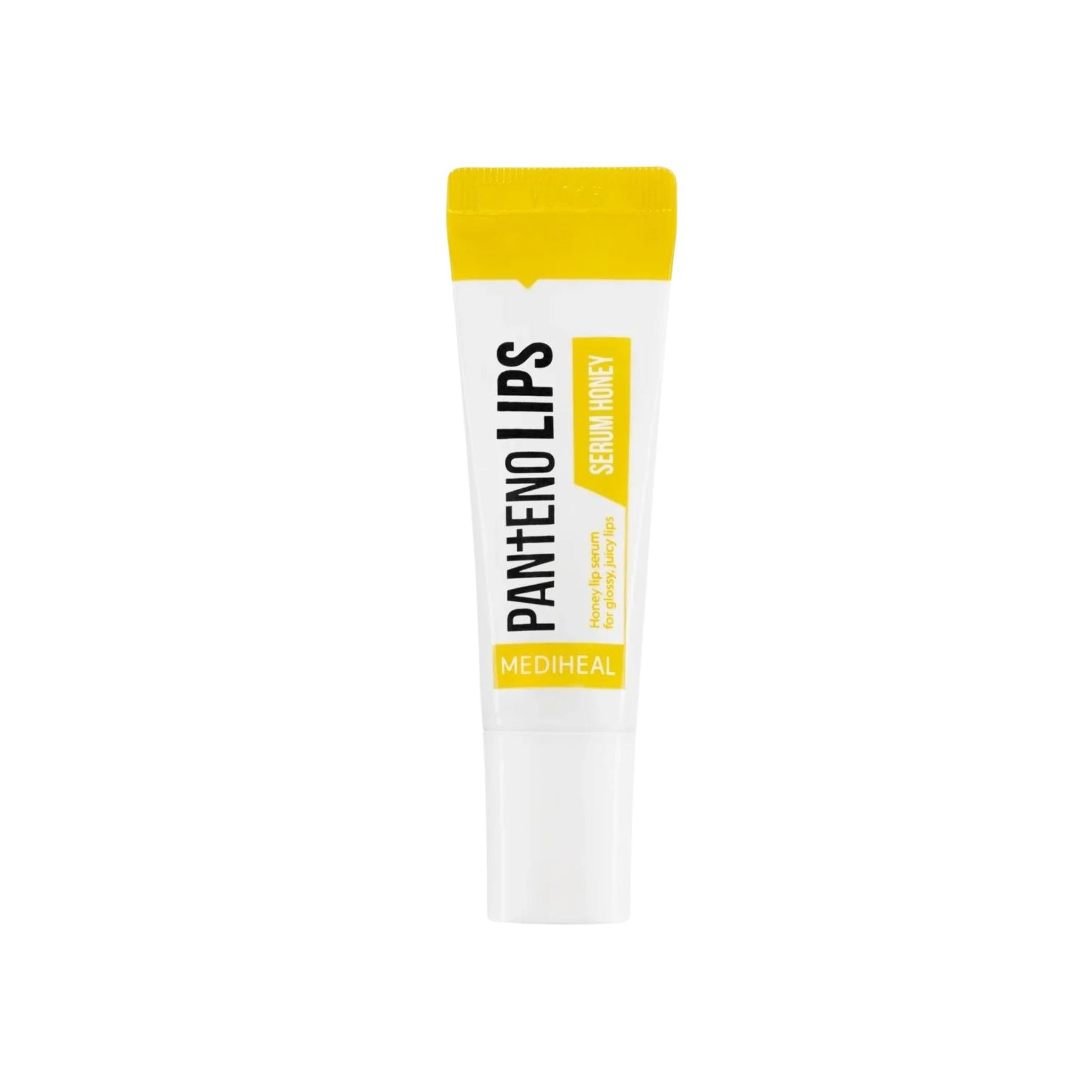Lip balm tube with yellow cap and white body on a white background