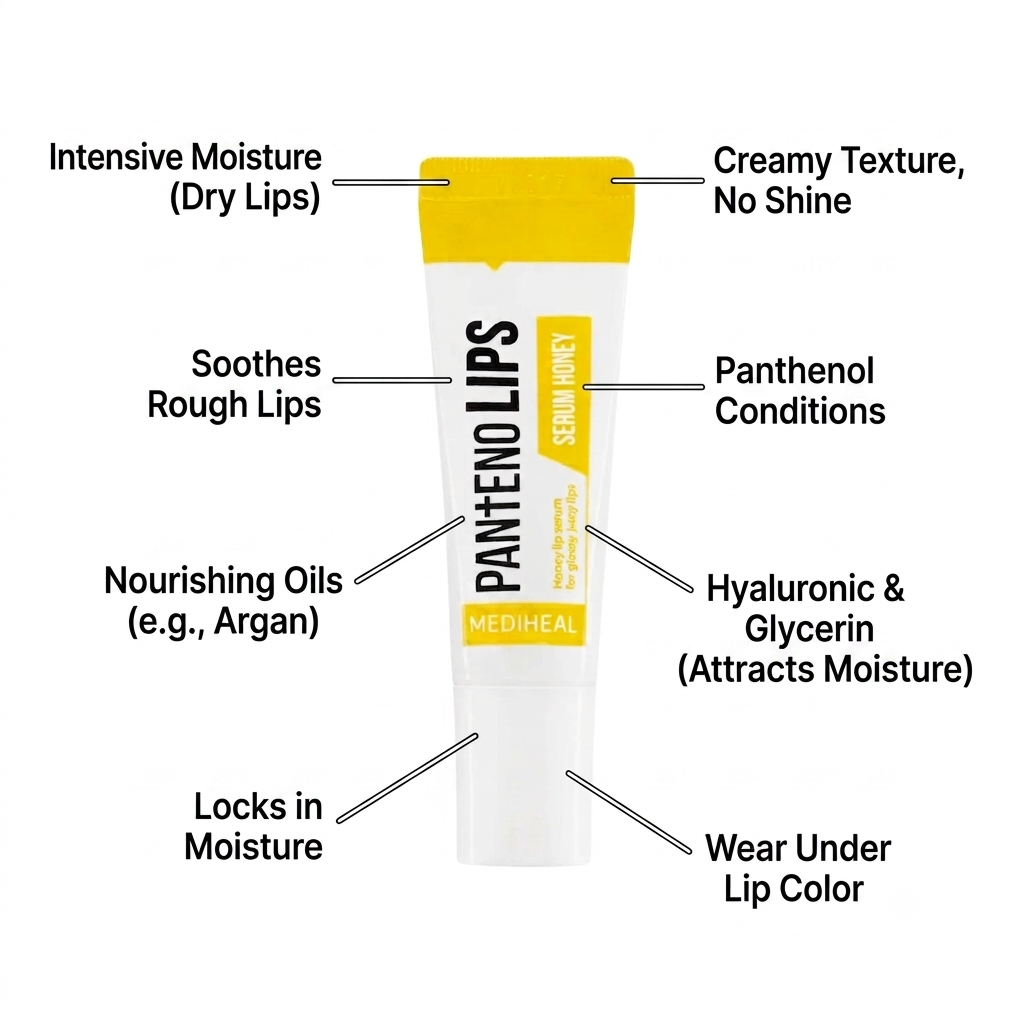 Panteno Lips Serum Honey lip balm tube on a white background with callout lines and text describing its moisturizing and healing benefits.