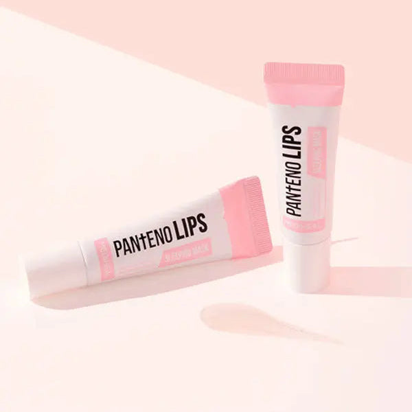 Two lip balm tubes with 'Pantene Lips' on a light pink background