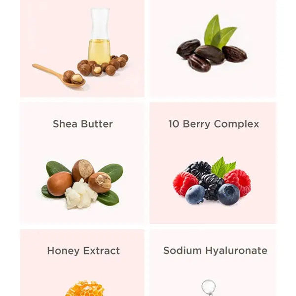 List of skincare ingredients including Macadamia Nut Oil, Jojoba Seed Oil, Shea Butter, 10 Berry Complex, Honey Extract, and Sodium Hyaluronate on a pink background.