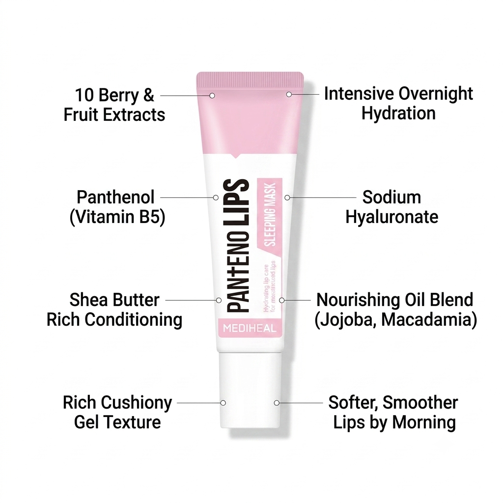 A pink and white tube of Panteno Lip Sleeping Mask centered on a white background, surrounded by callout lines and text describing its ingredients and benefits.