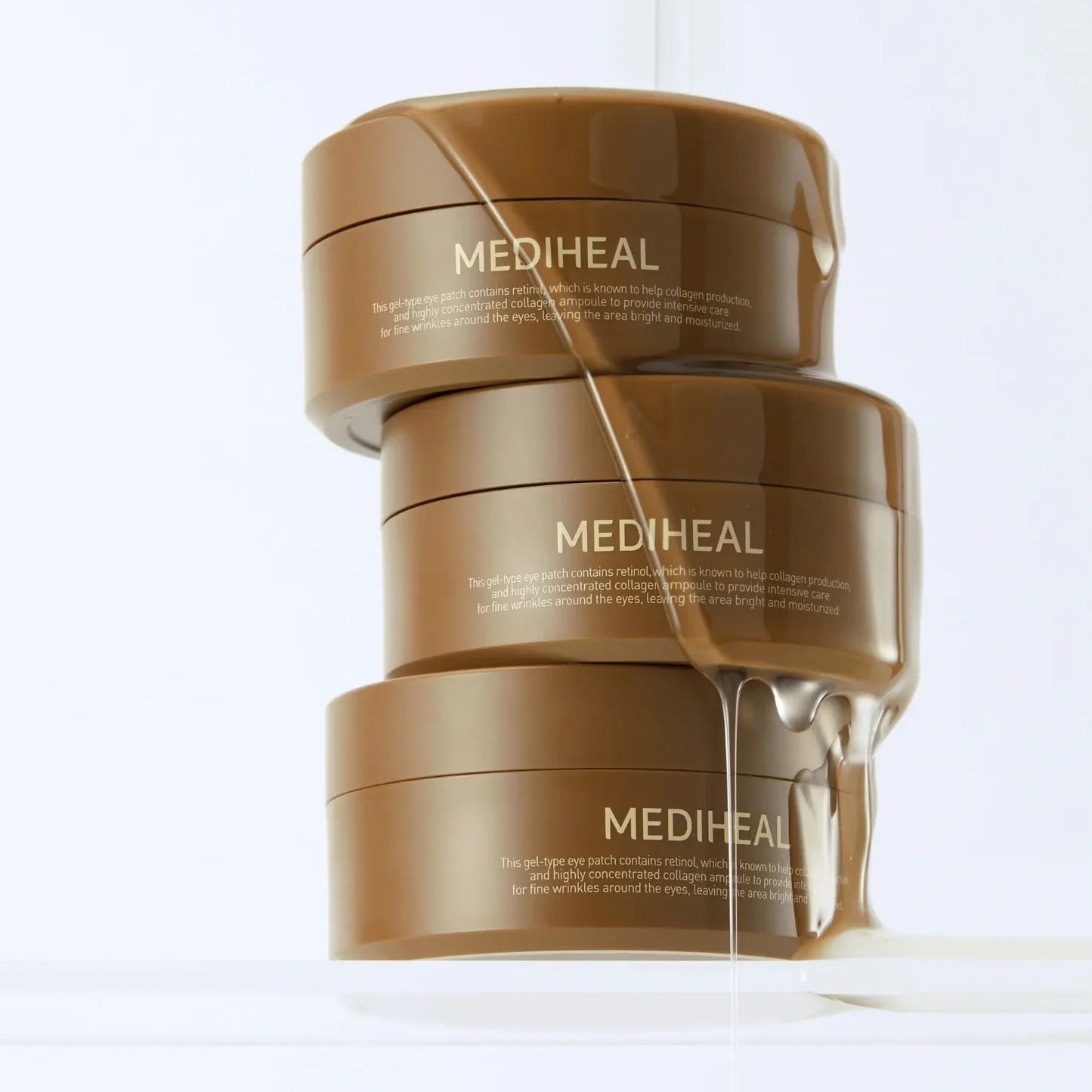 Stack of Mediheal containers on a light gray background