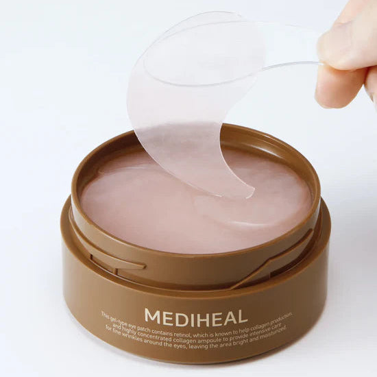 MEDIHEAL product with a hand applying a patch on a white background
