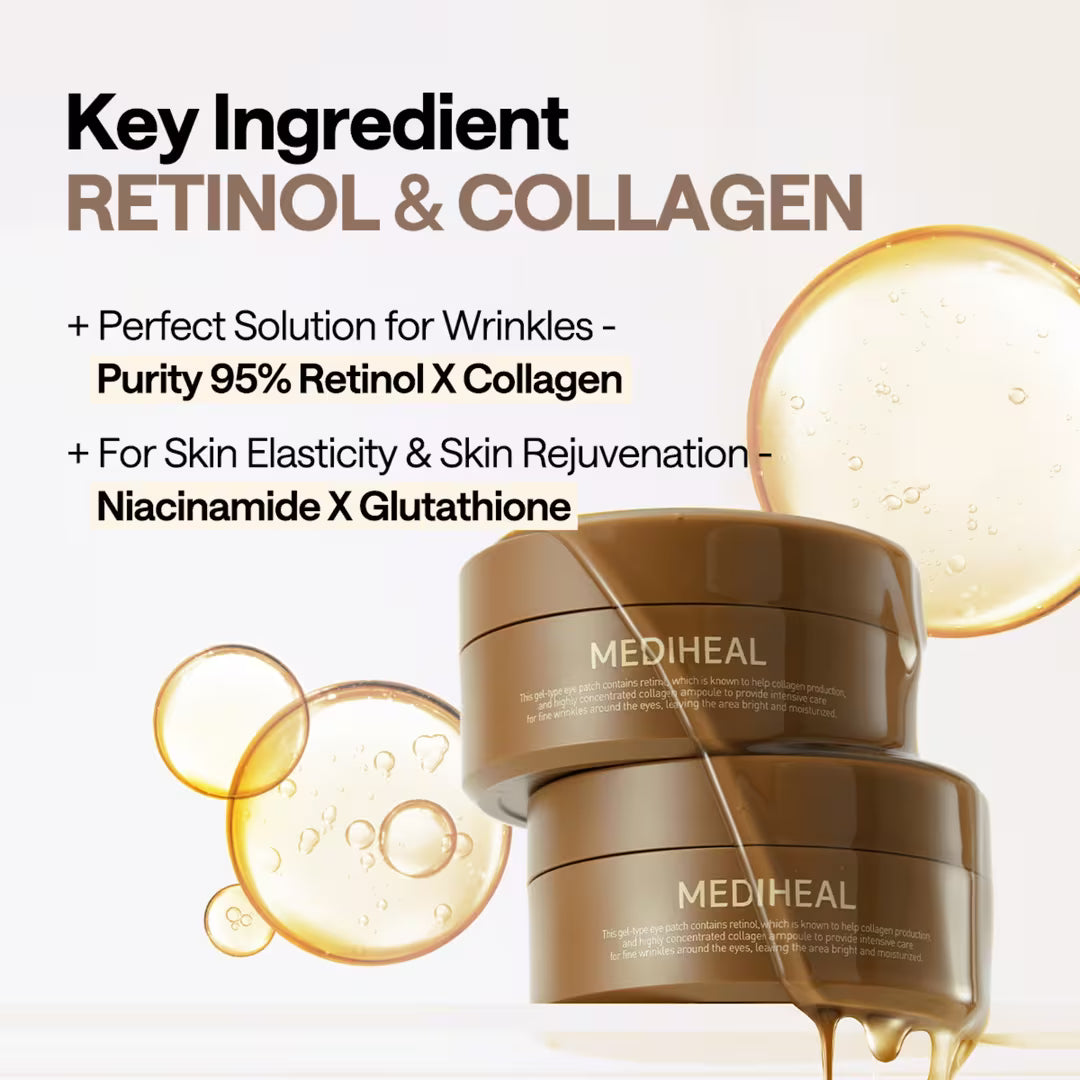 Two brown MEDIHEAL skincare jars stacked together with golden liquid dripping from them, set against a white background with text highlighting retinol and collagen ingredients and gold gel bubble graphics.