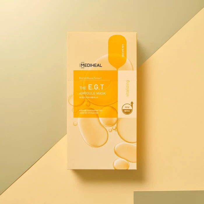 Mediheal E.G.T Ampoule Mask packaging on a beige background