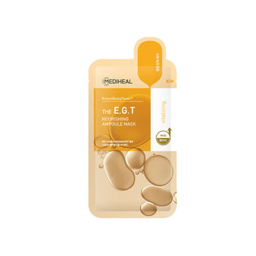 Front product image of MEDIHEAL The E.G.T Nourishing Ampoule Mask in beige and gold packaging.