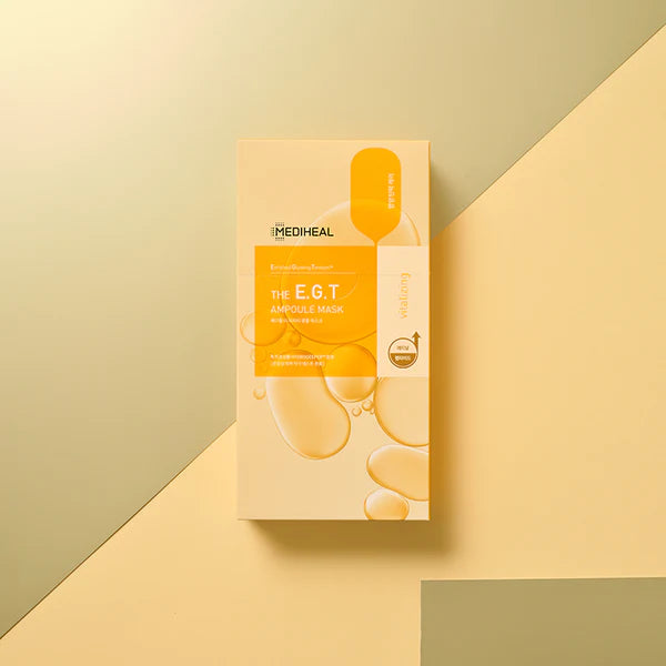 MEDIHEAL The E.G.T Nourishing Ampoule Mask 10-piece box displayed on a neutral beige background.